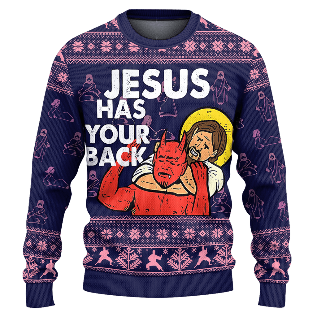 Jesus Has Your Back Purple Ugly Christmas Sweater