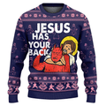 Jesus Has Your Back Purple Ugly Christmas Sweater
