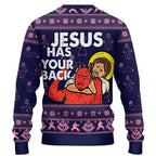 Jesus Has Your Back Purple Ugly Christmas Sweater