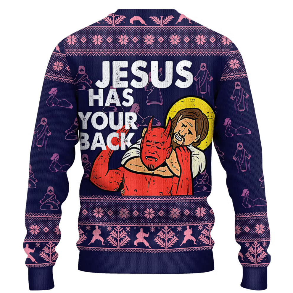 Jesus Has Your Back Purple Ugly Christmas Sweater