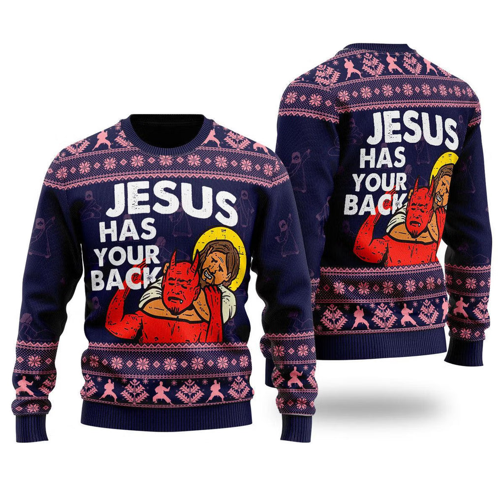 Jesus Has Your Back Purple Ugly Christmas Sweater
