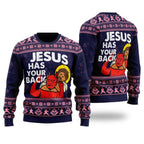 Jesus Has Your Back Purple Ugly Christmas Sweater