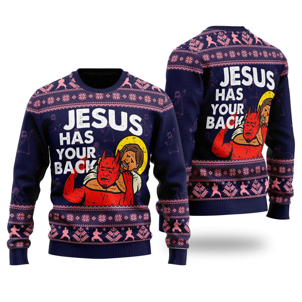 Jesus Has Your Back Purple Ugly Christmas Sweater