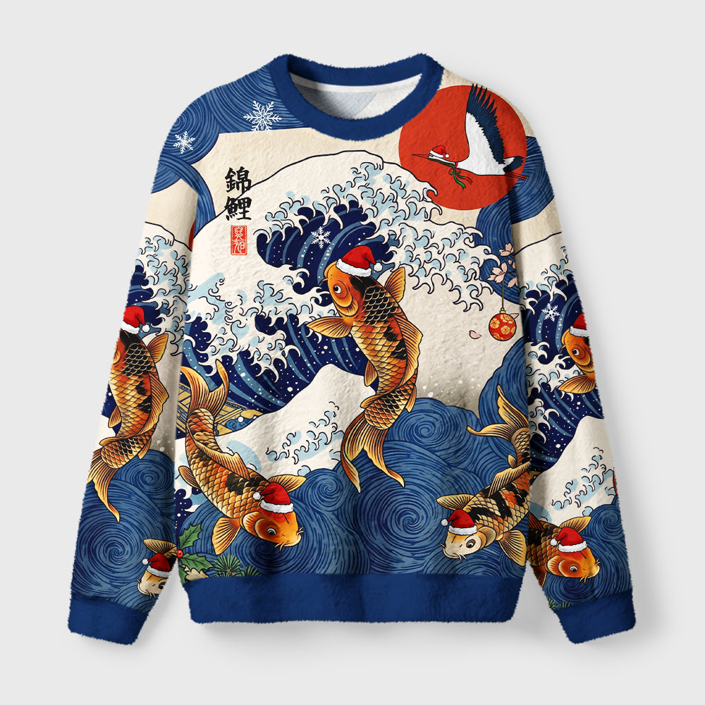 Koi And Waves Fuzzy Christmas Ugly Sweater