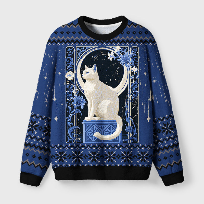 Lunar Cat Fuzzy Christmas Ugly Sweater