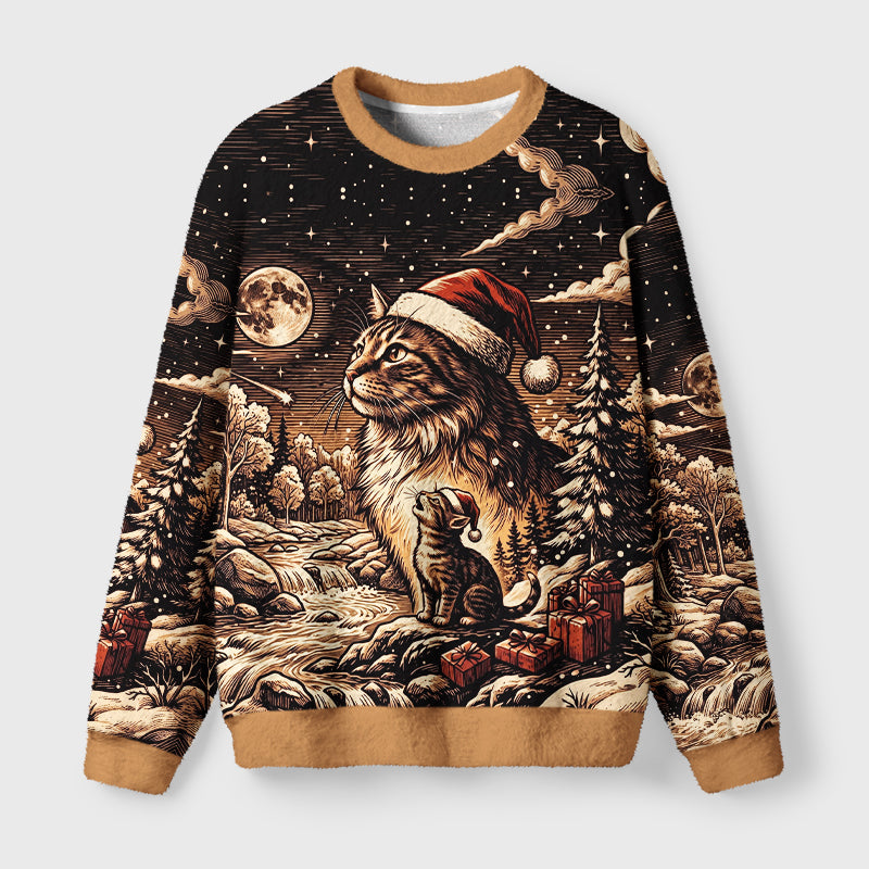 Moonlit Christmas Cat Dreams Fuzzy Christmas Ugly Sweater