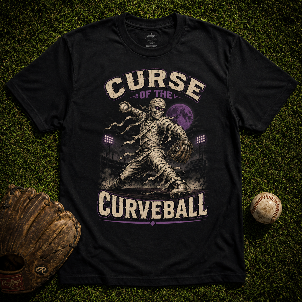 Curse Of The Curveball Mummy Pitcher Baseball T-Shirt | USAGatherCo