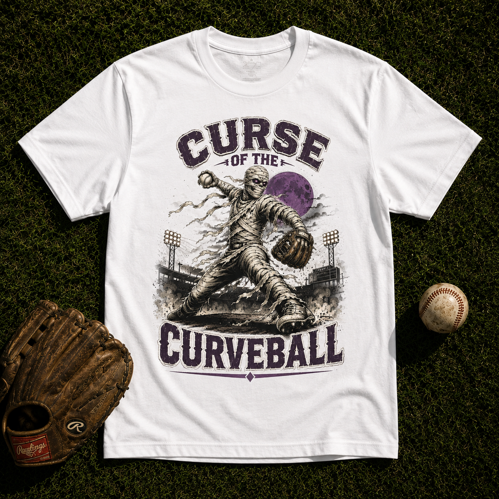 Curse Of The Curveball Mummy Pitcher Baseball T-Shirt, view 2