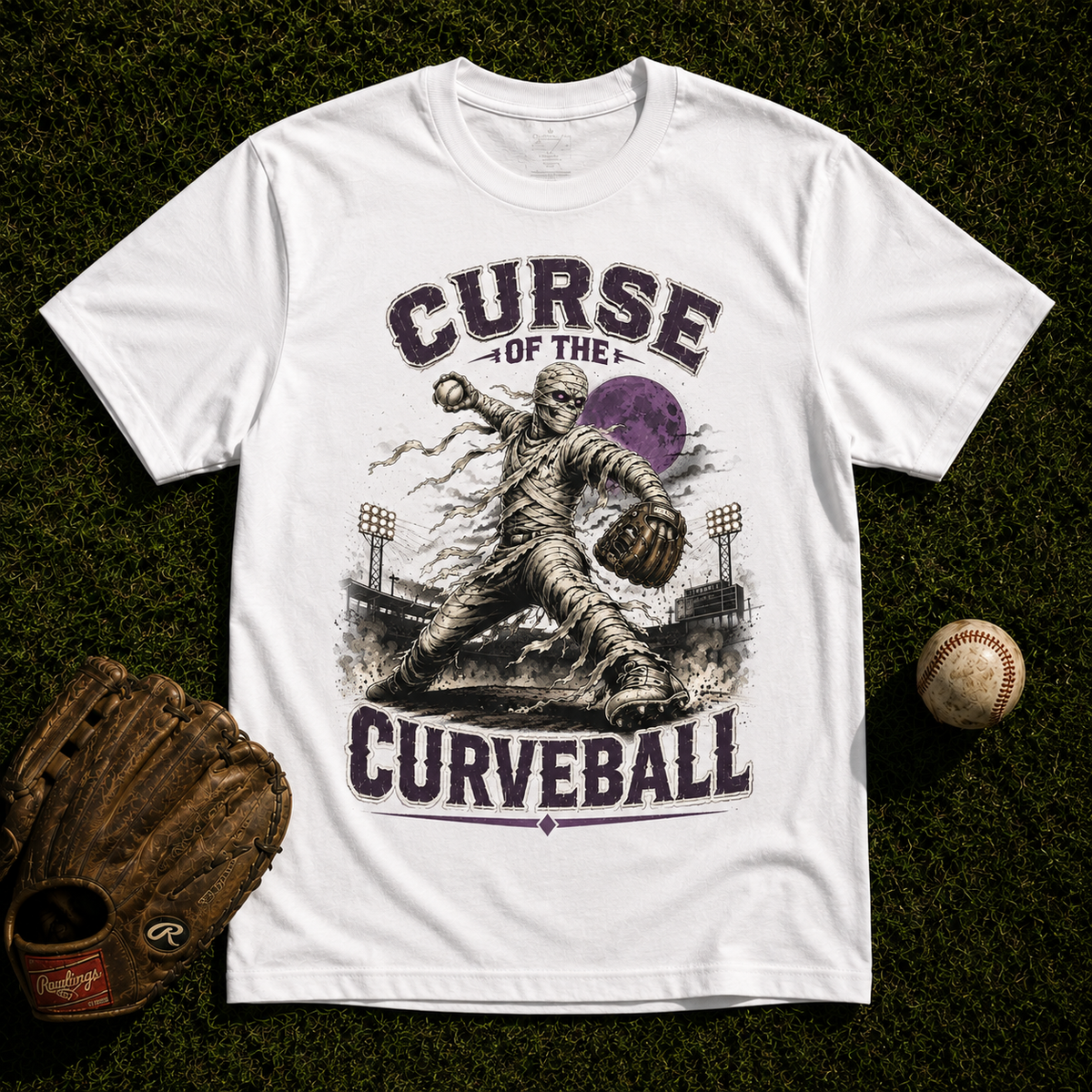Curse Of The Curveball Mummy Pitcher Baseball T-Shirt, view 2