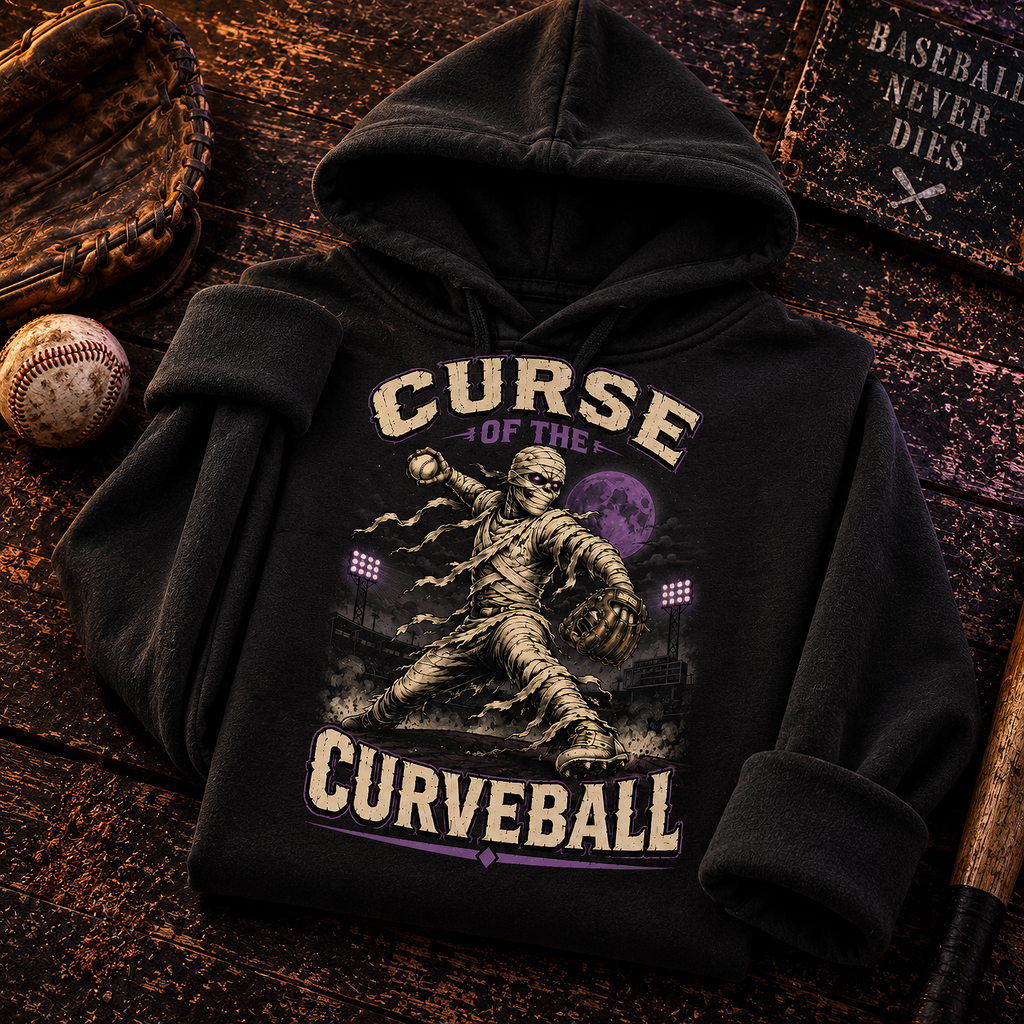 Curse Of The Curveball Mummy Pitcher Baseball T-Shirt, view 4