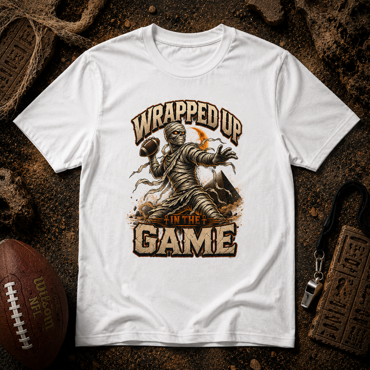 Wrapped Up In The Game Mummy Quarterback Football T-Shirt, view 2