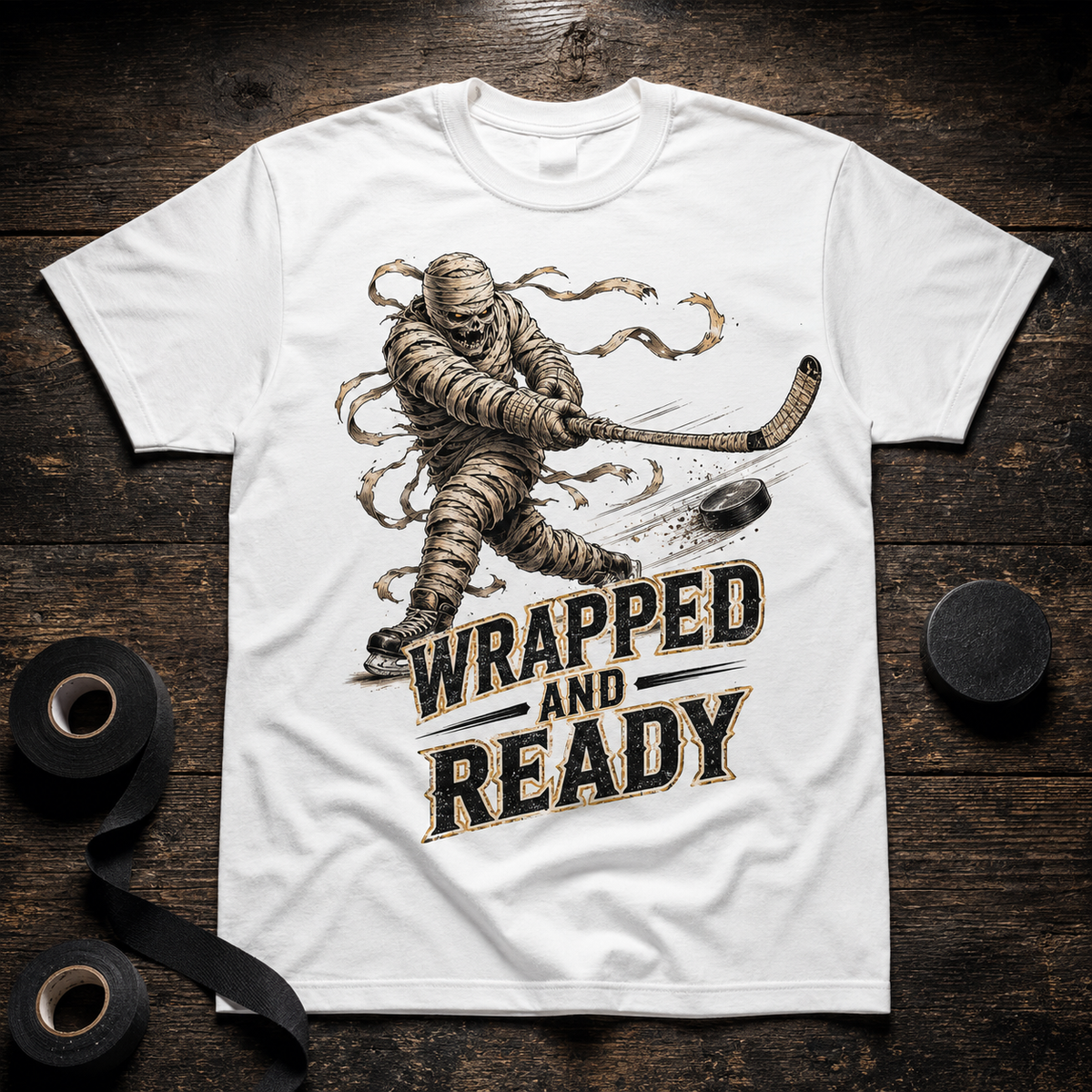 Wrapped And Ready Mummy Slapshot Hockey T-Shirt | USAGatherCo