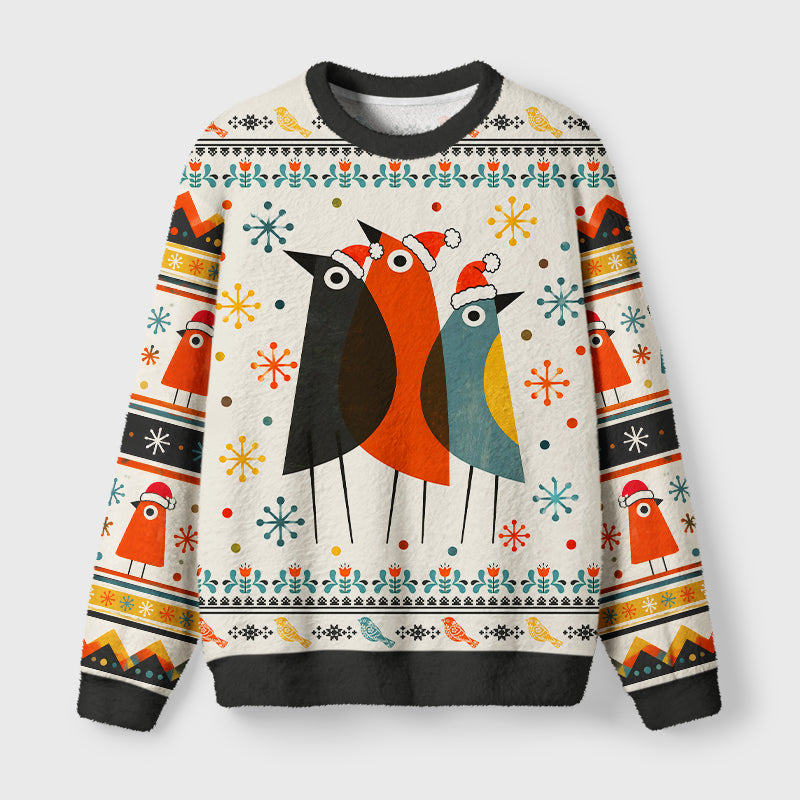 Nordic Folk Art Christmas Bird Fuzzy Christmas Ugly Sweater