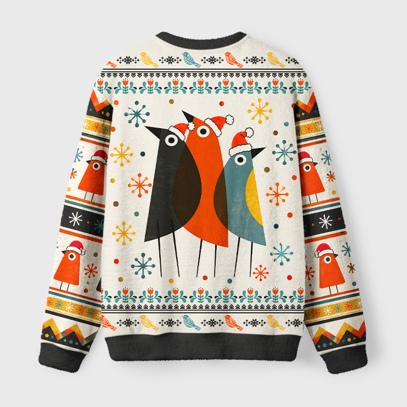 Nordic Folk Art Christmas Bird Fuzzy Christmas Ugly Sweater