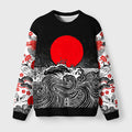 Retro Red Sun Ocean Wave Fuzzy Christmas Ugly Sweater