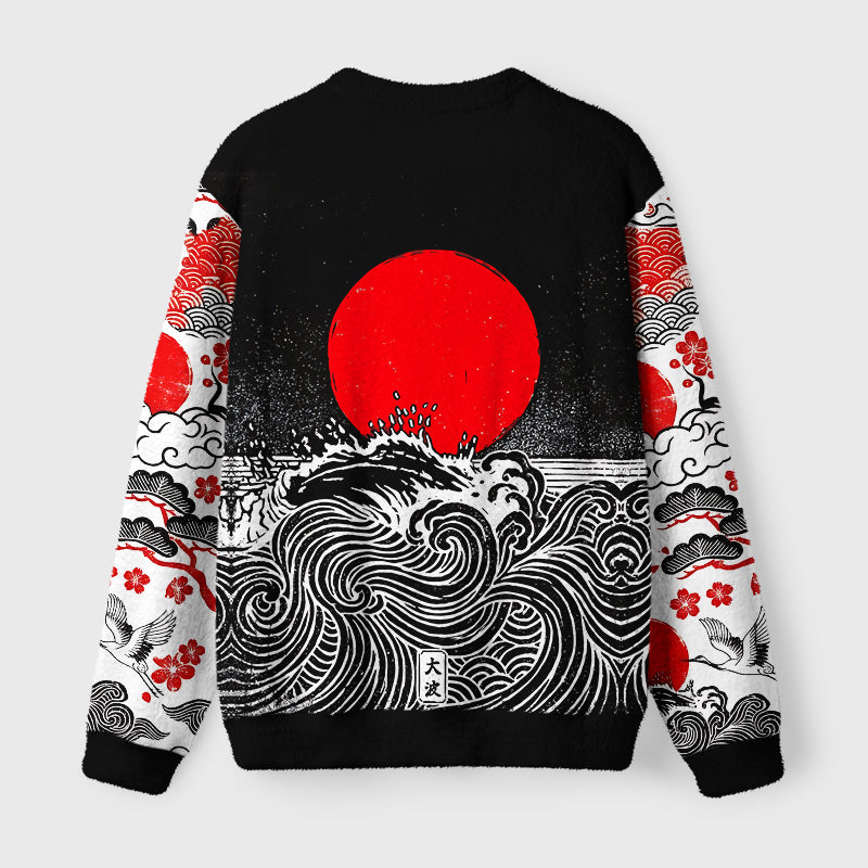 Retro Red Sun Ocean Wave Fuzzy Christmas Ugly Sweater