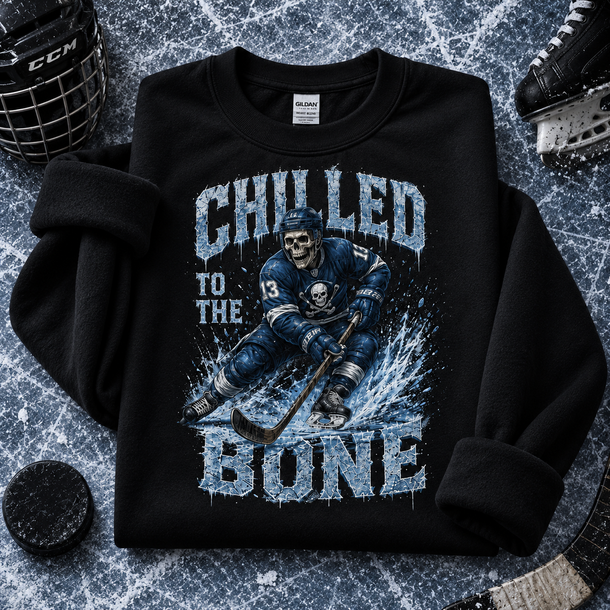 Chilled To The Bone Skeleton Skater Hockey T-Shirt, view 3