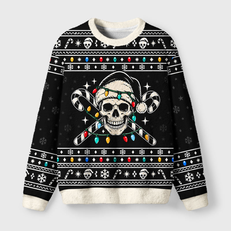 Skull With Lights Fuzzy Christmas Ugly Sweater
