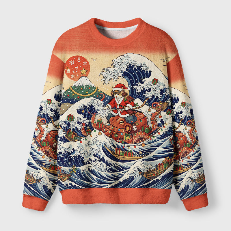 Ukiyo-E Christmas Samurai Cat Riding Octopus Fuzzy Christmas Ugly Sweater