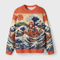 Ukiyo-E Christmas Samurai Cat Riding Octopus Fuzzy Christmas Ugly Sweater