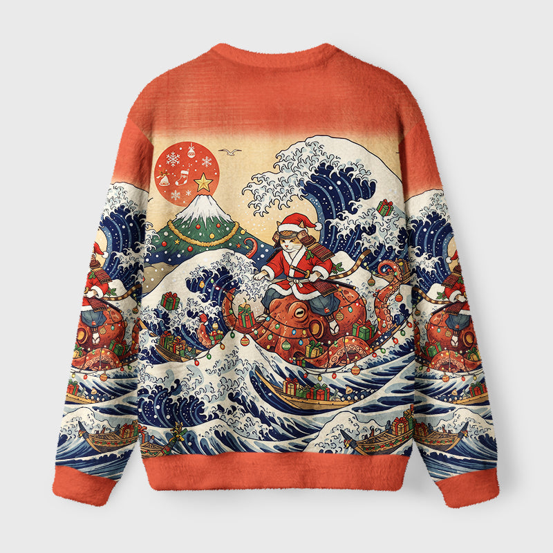 Ukiyo-E Christmas Samurai Cat Riding Octopus Fuzzy Christmas Ugly Sweater