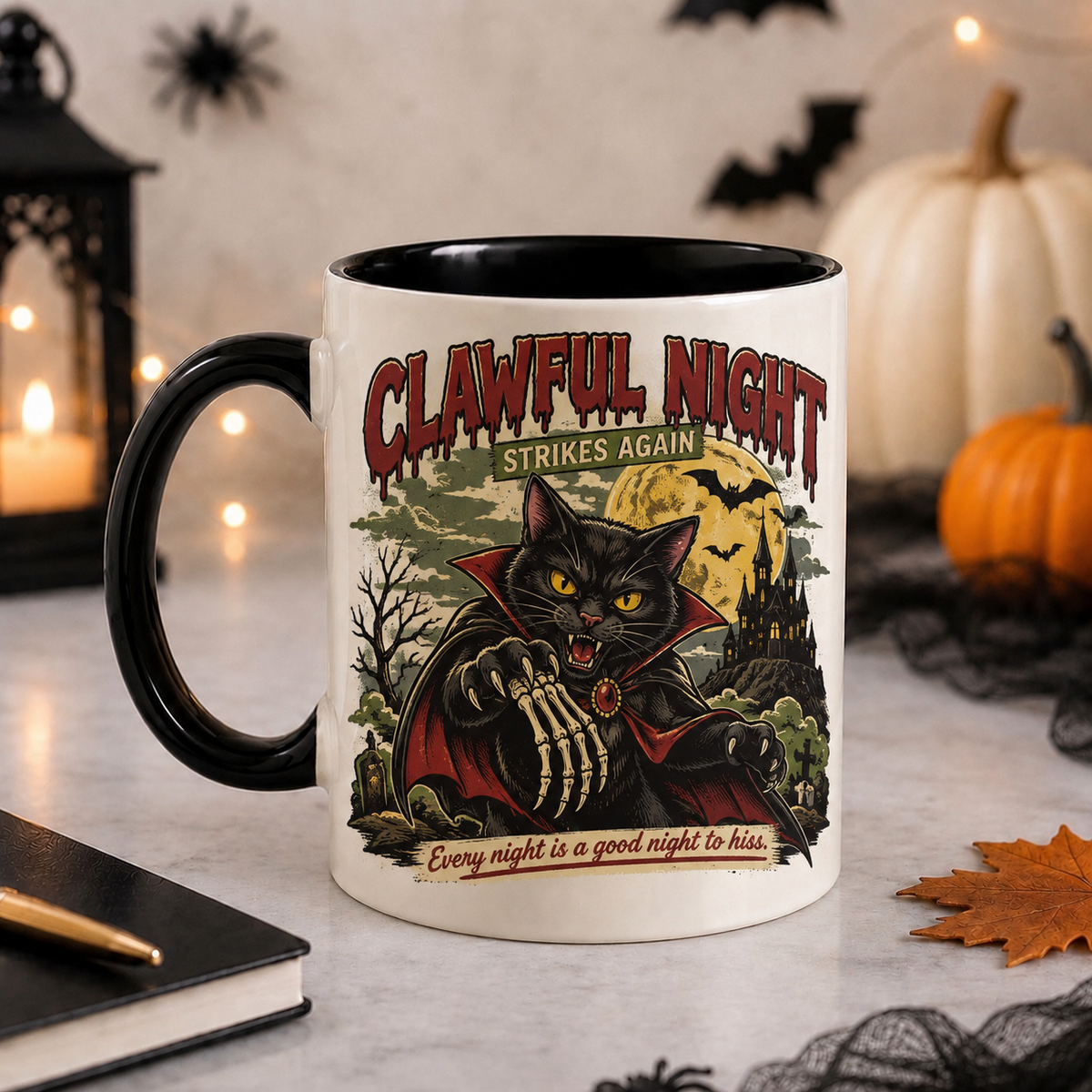 Vampire black cat Halloween ceramic mug | USAGatherCo