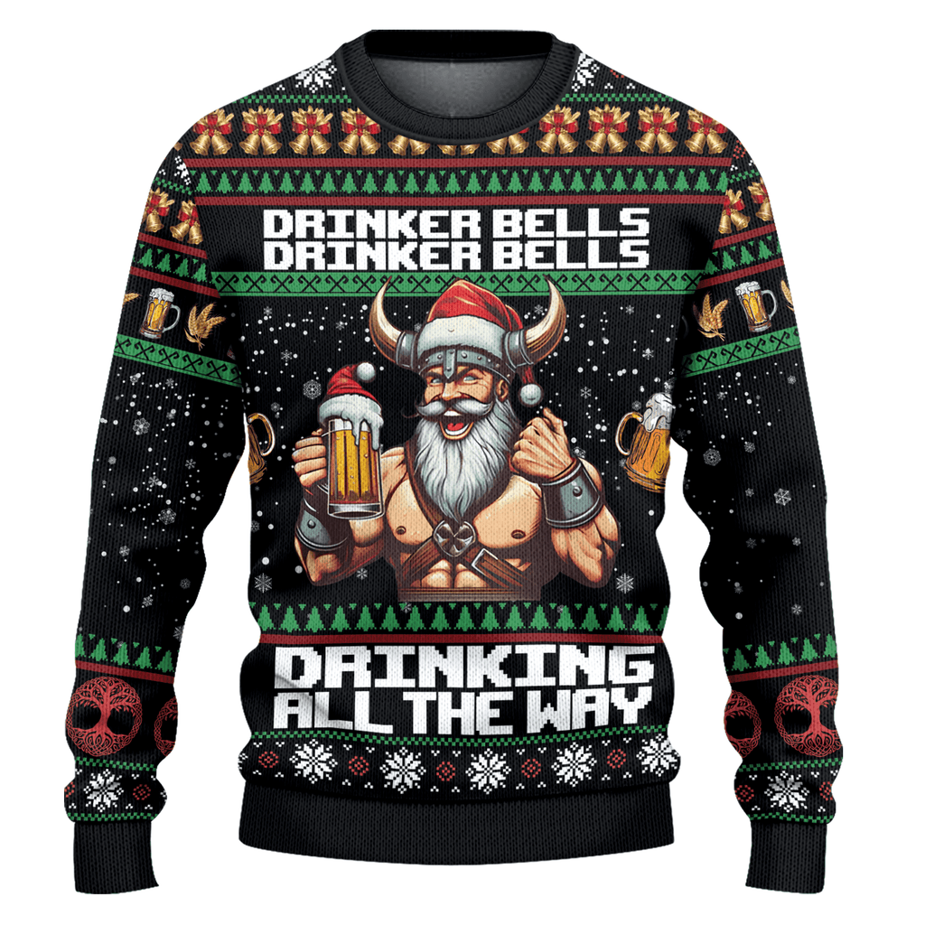 Viking Drinker Bells Drinking All The Way Ugly Christmas Sweater