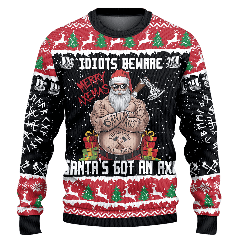 Viking Idiots Beware Santa's Got An Axe Ugly Christmas Sweater