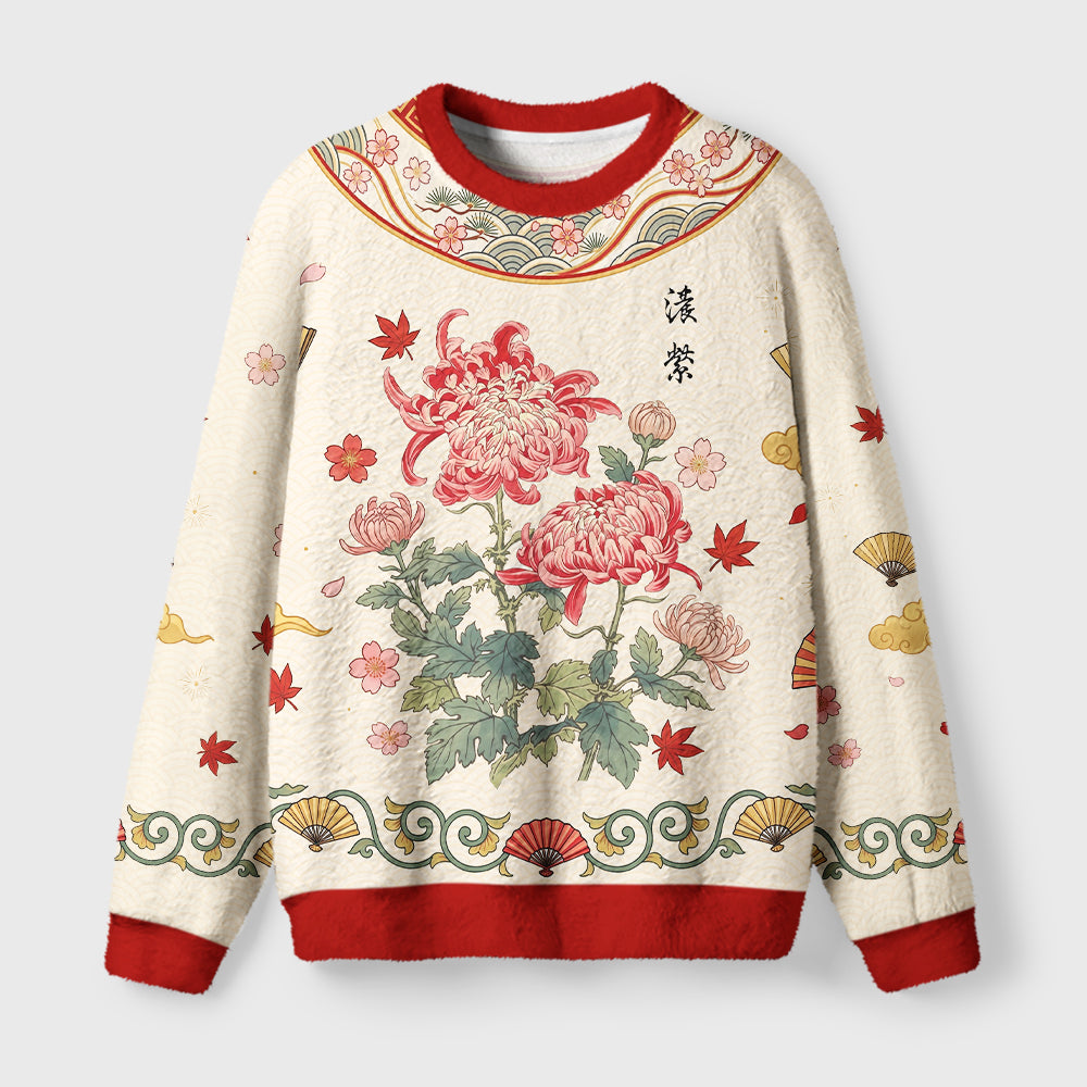 Vintage Red Chrysanthemum Flower Fuzzy Christmas Ugly Sweater