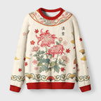 Vintage Red Chrysanthemum Flower Fuzzy Christmas Ugly Sweater