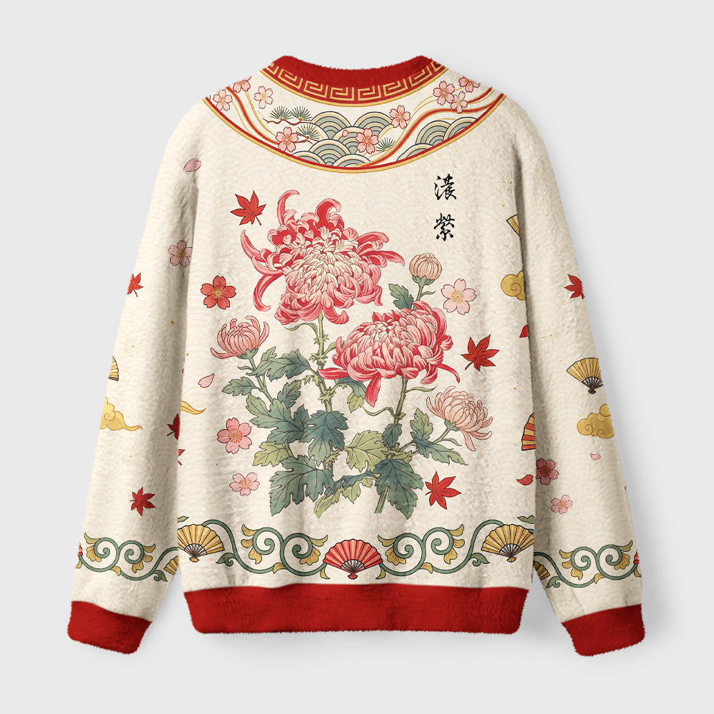 Vintage Red Chrysanthemum Flower Fuzzy Christmas Ugly Sweater