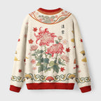 Vintage Red Chrysanthemum Flower Fuzzy Christmas Ugly Sweater