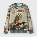 Vintage Woodblock Owl Art Fuzzy Christmas Ugly Sweater