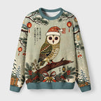 Vintage Woodblock Owl Art Fuzzy Christmas Ugly Sweater