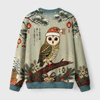Vintage Woodblock Owl Art Fuzzy Christmas Ugly Sweater