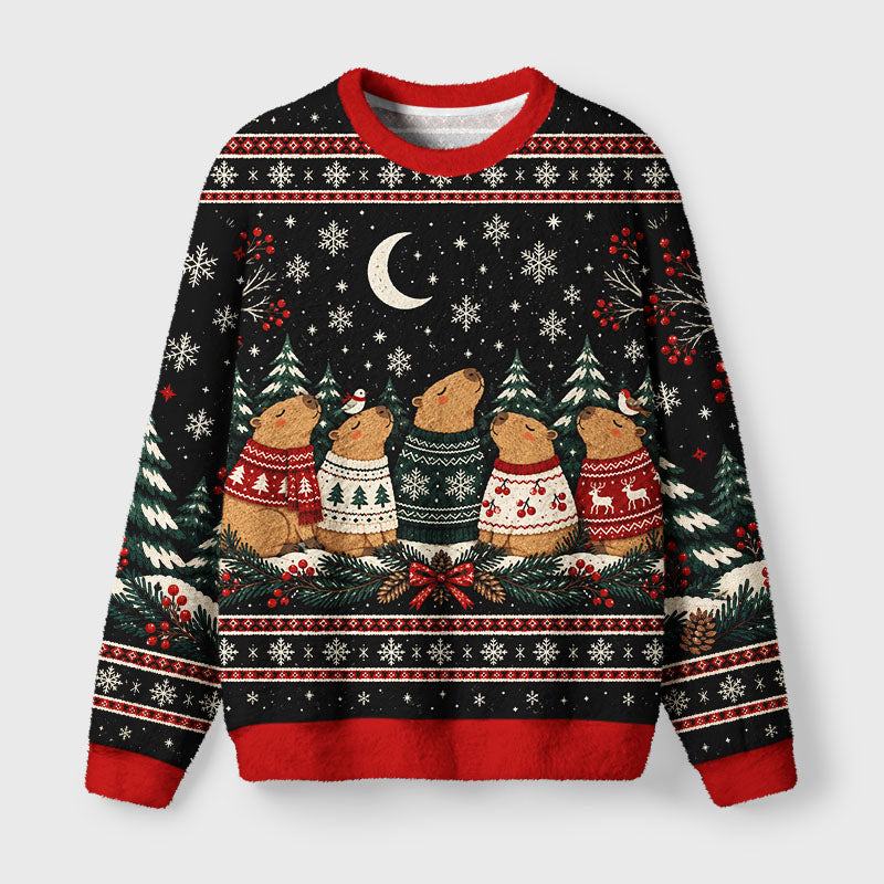 Winter Capybara Crew Fuzzy Christmas Ugly Sweater