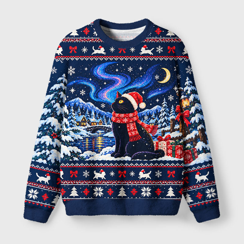 Winter Night Santa Cat Fuzzy Christmas Ugly Sweater