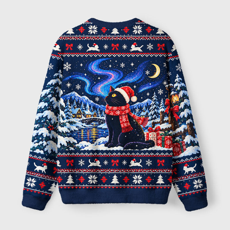 Winter Night Santa Cat Fuzzy Christmas Ugly Sweater