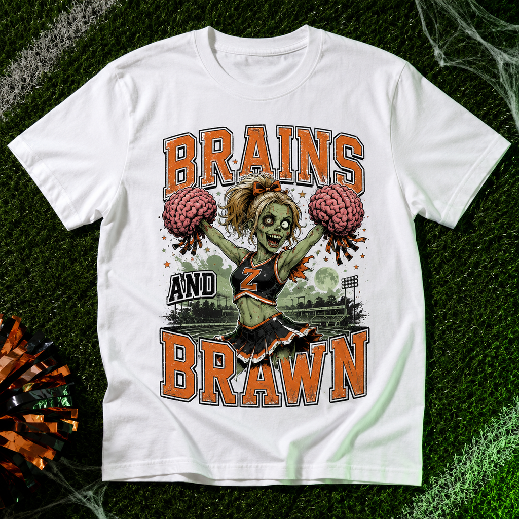 Brains And Brawn Zombie Cheerleader Football T-Shirt | USAGatherCo