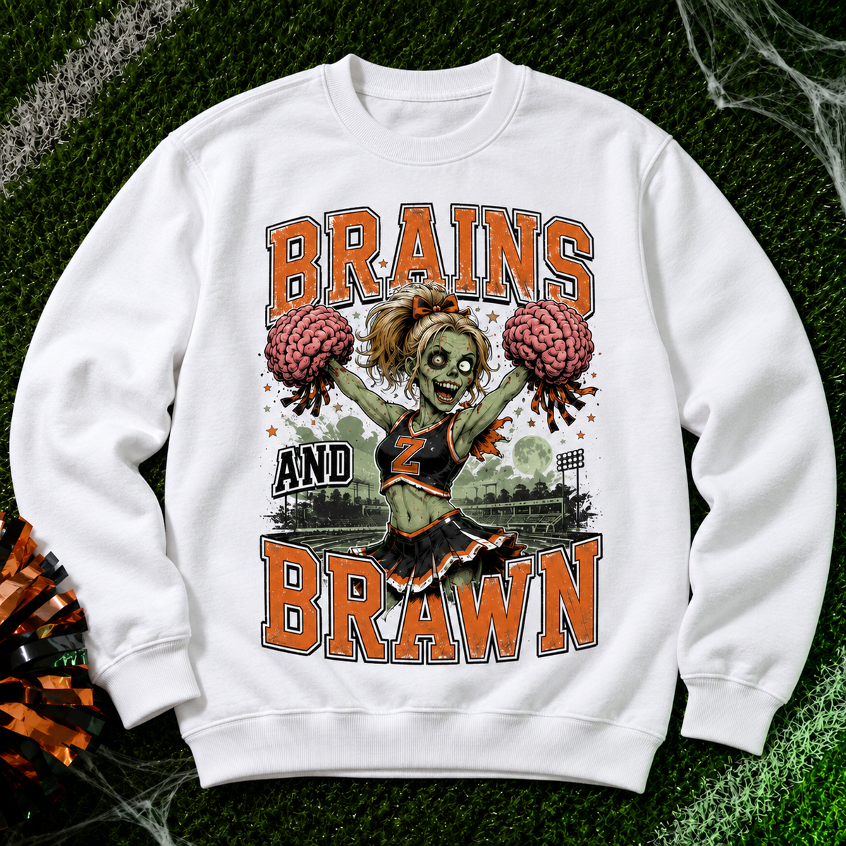 Brains And Brawn Zombie Cheerleader Football T-Shirt, view 2