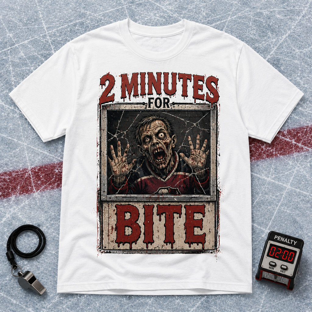 2 Minutes For Bite Zombie Penalty Box Hockey T-Shirt, view 2