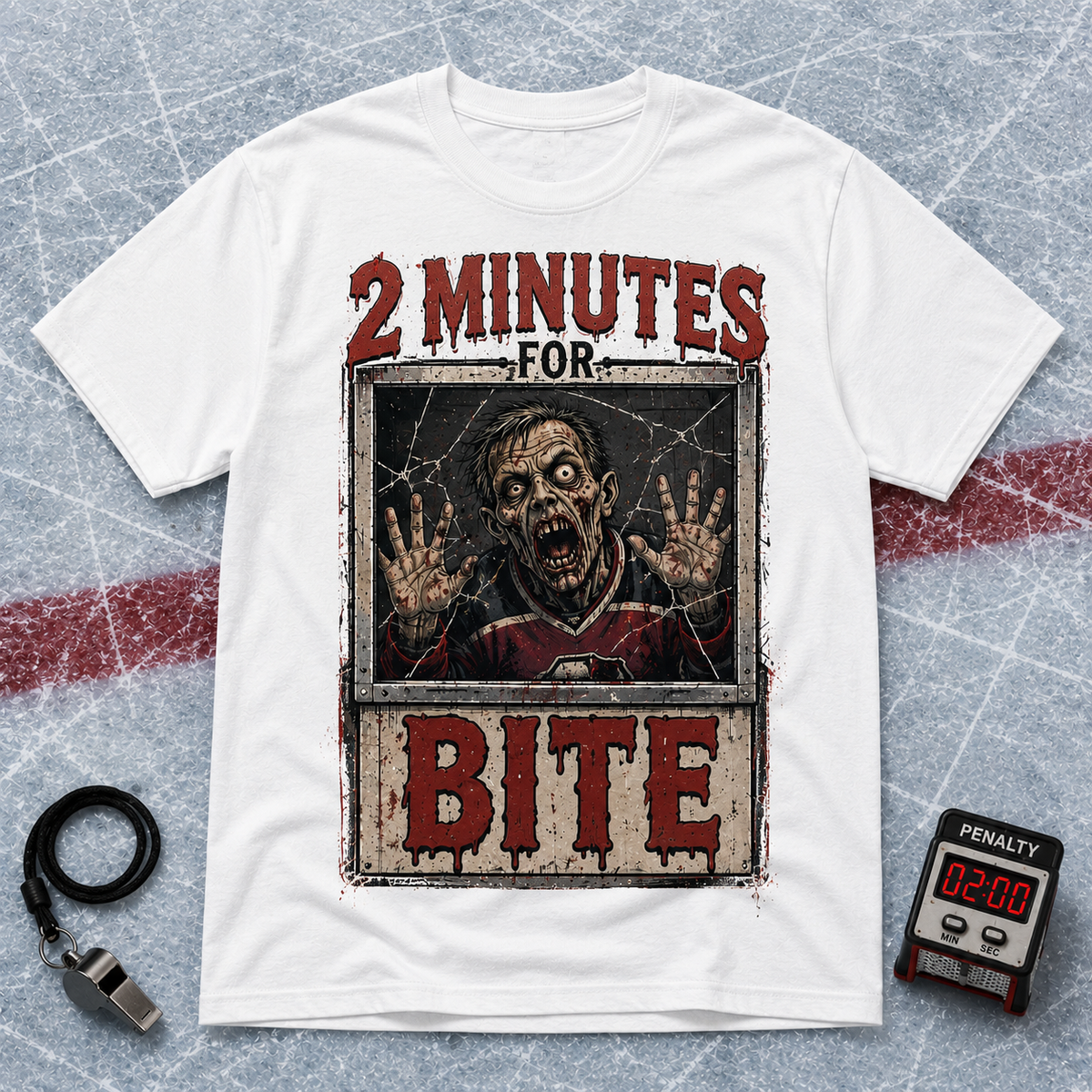 2 Minutes For Bite Zombie Penalty Box Hockey T-Shirt, view 2