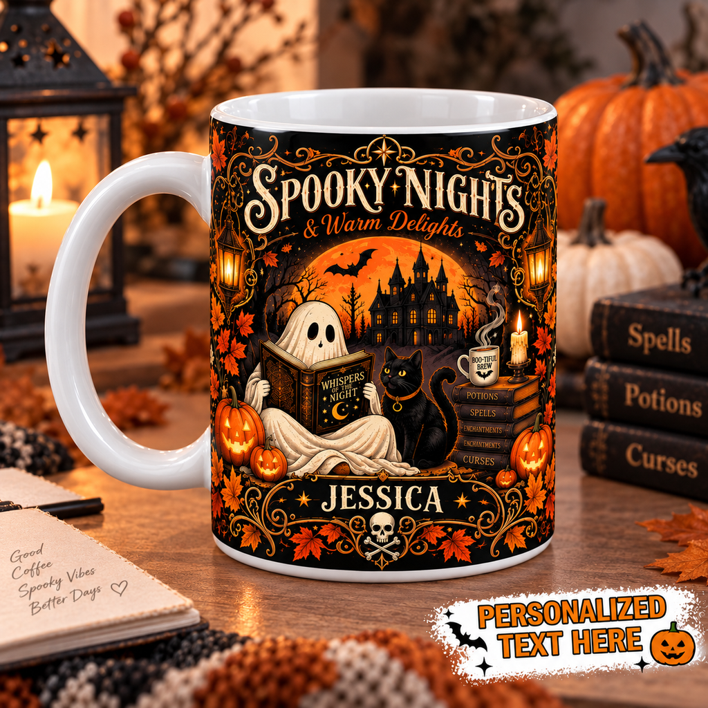 Personalized Spooky Nights reading ghost Halloween mug, view 4