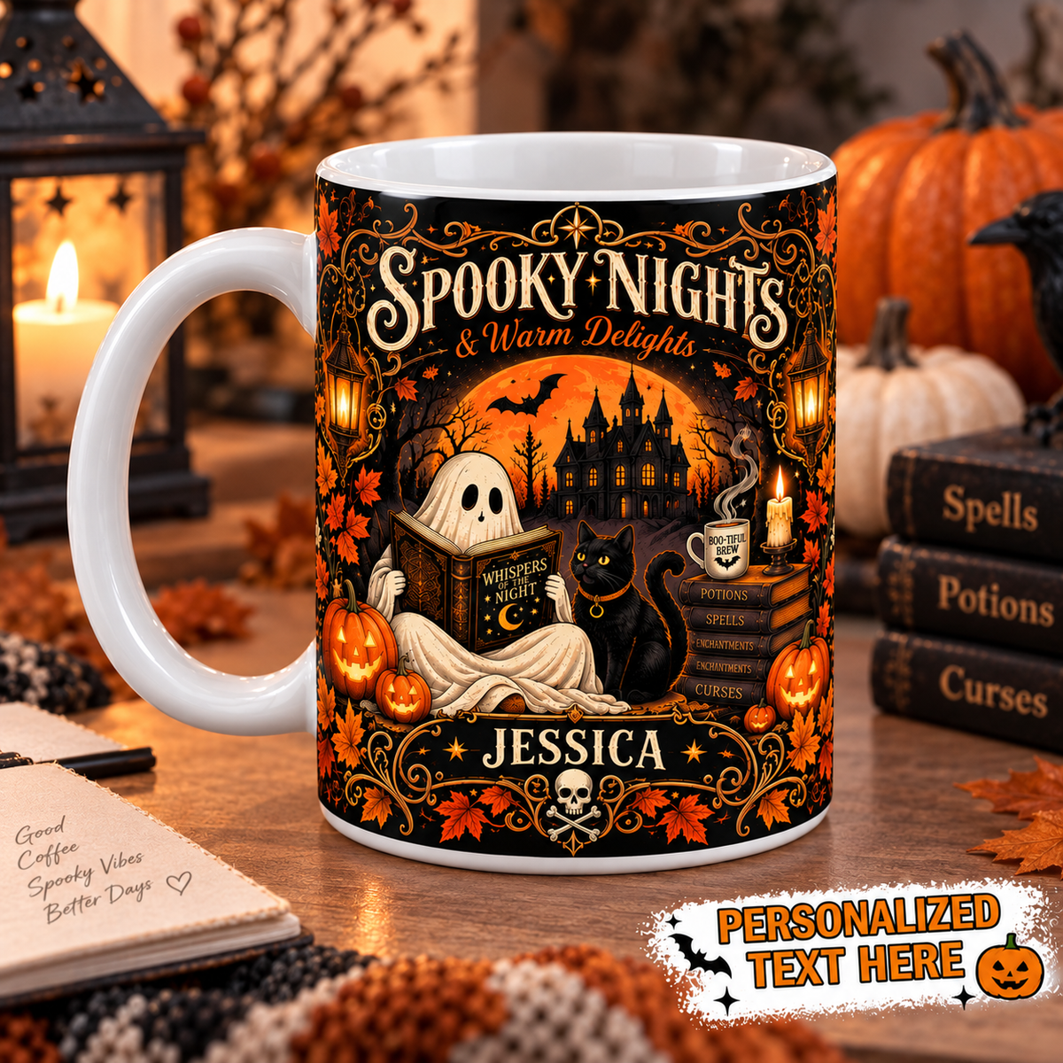 Personalized Spooky Nights reading ghost Halloween mug, view 4