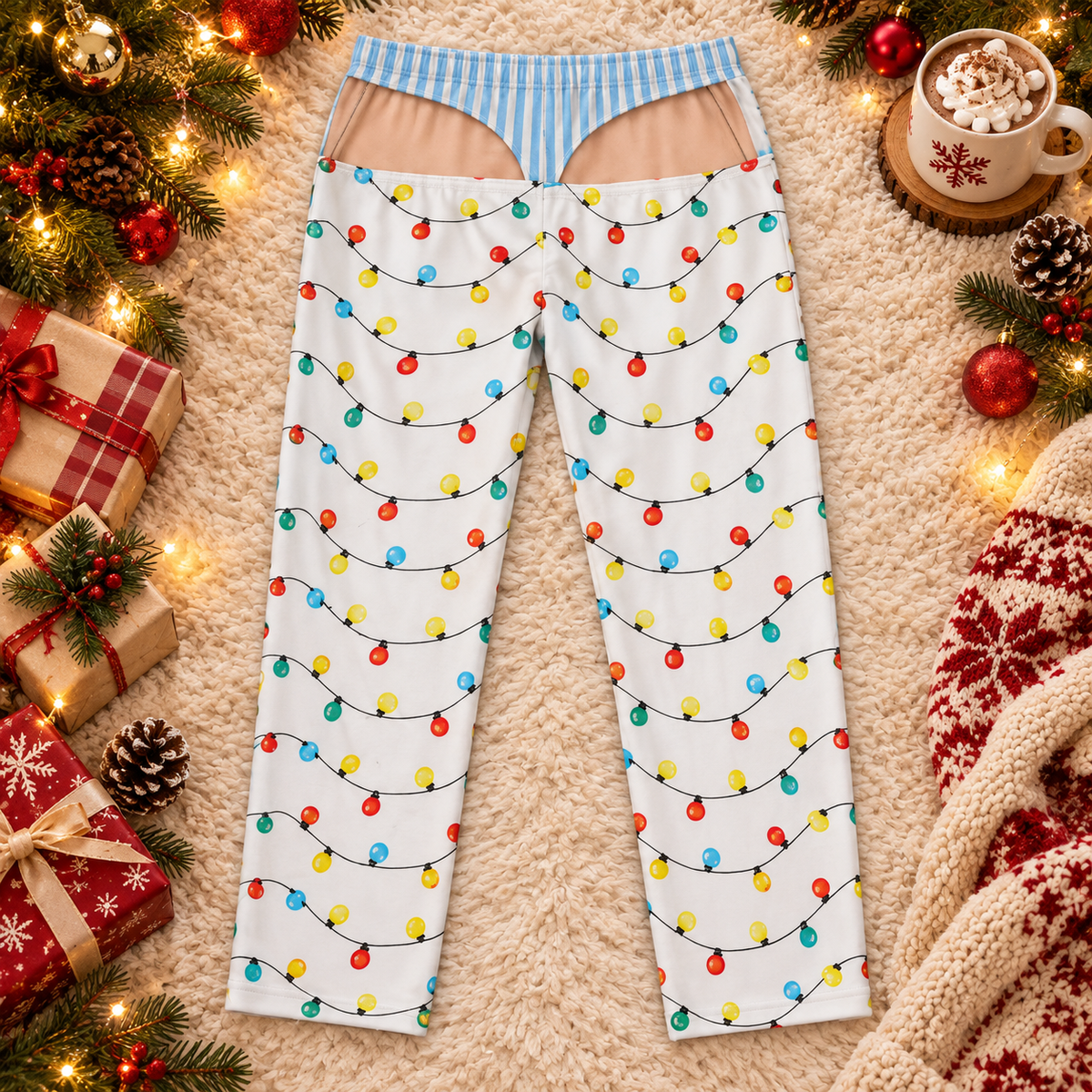 Tangled lights holiday pants, back flap view