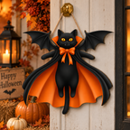 Black cat with vampire bat wings wooden Halloween sign, view 3