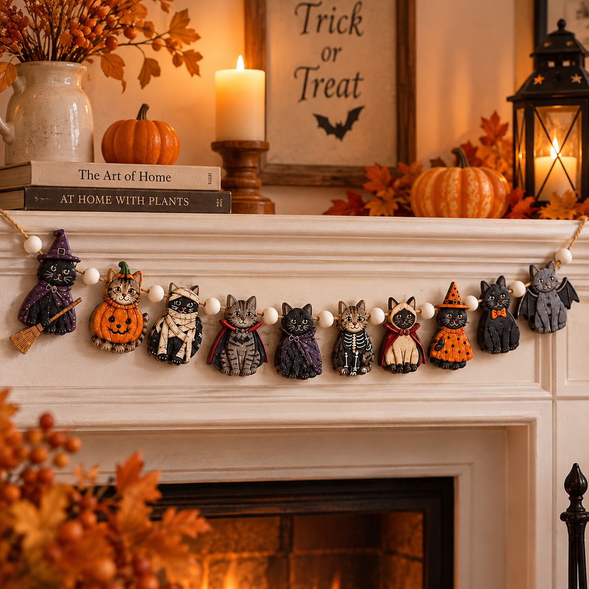 Double-sided wooden Halloween cat garland for mantel, view 3