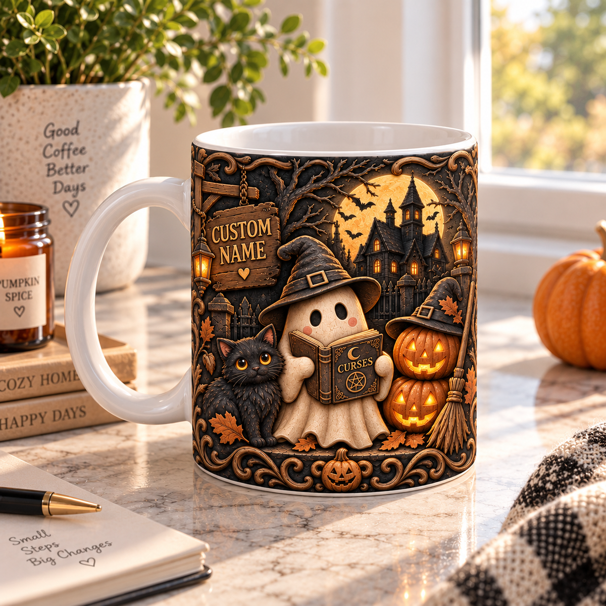 Personalized 3D illusion ghost and haunted house mug, view 4