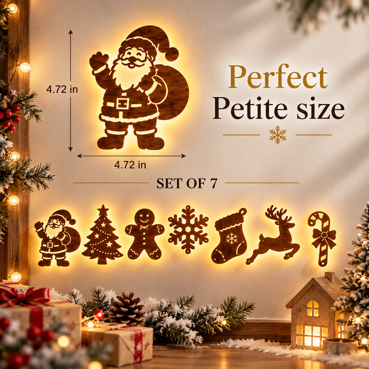 7-Piece Classic Christmas Icons LED Wooden Wall Decor Set (Peel & Stick), view 5