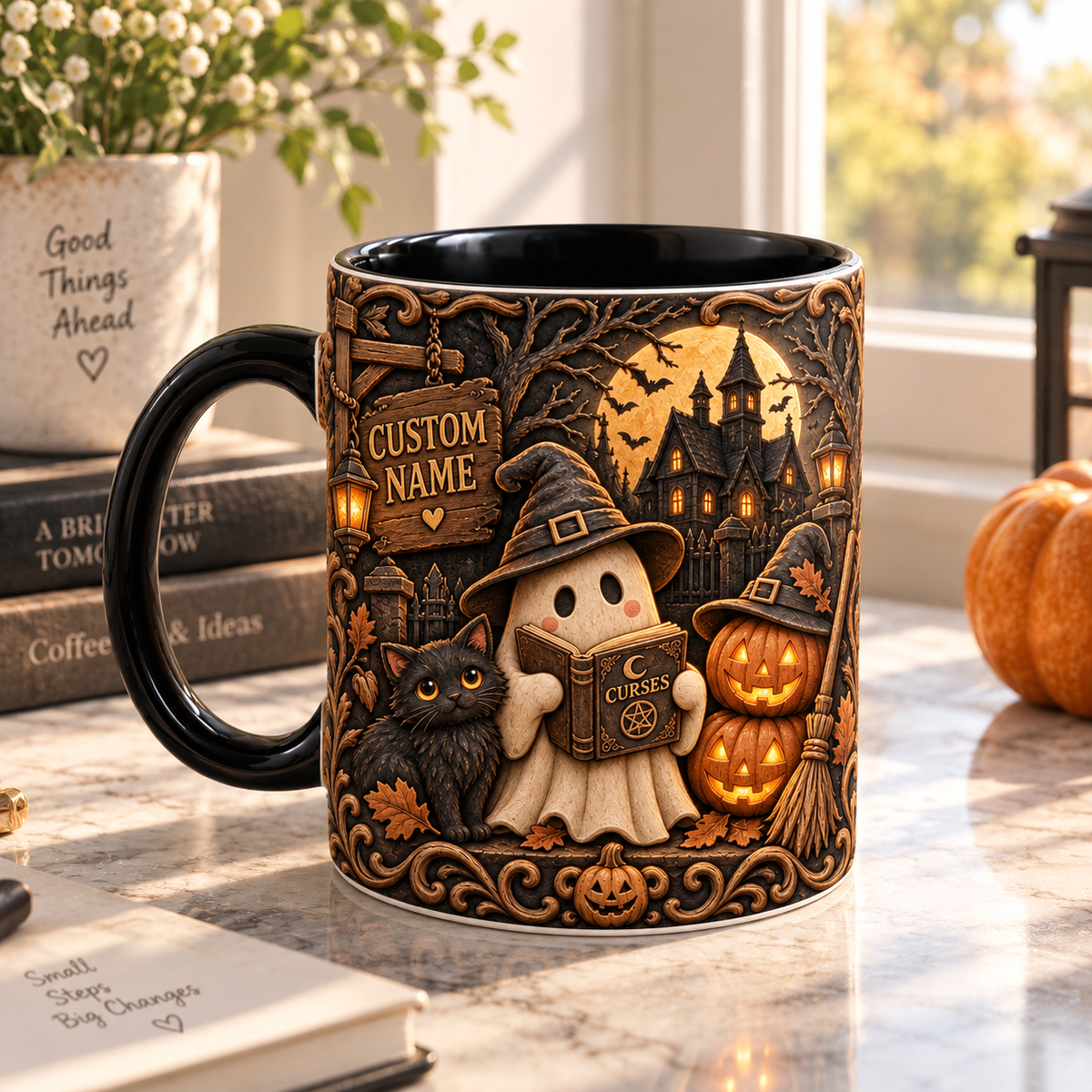 Personalized 3D illusion ghost and haunted house mug, view 3